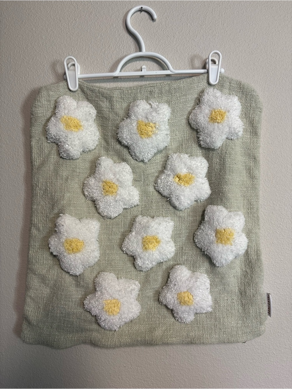 Sage Green Daisy Accent Pillow Cover with Tufted White Flowers